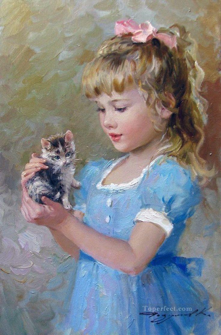 Kitten and Girl KR 042 pet kids Oil Paintings